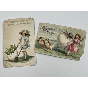2 Antique Easter German Postcards Chicks Egg Cart Flowers RAPHAEL TUCK 1912